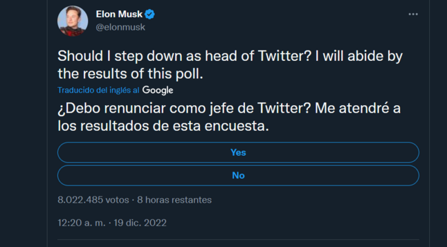 Tuit de Elon Musk con una encuesta acerca de su dimisión.