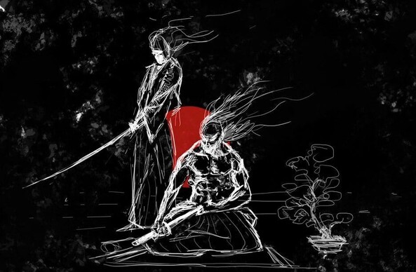 Representación, dibujo, del ritual japones del Seppuku o harakiri en sus instantes previos.