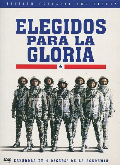 Portada póster de la película con los siete miembros del programa estadounidense Mercury.