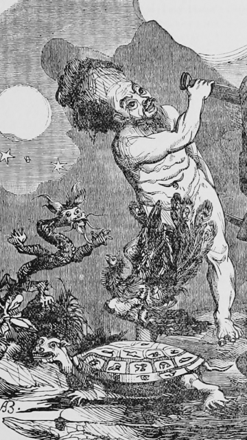 Pangu esculpiendo el mundo acompañado por el dragón, la tortuga, el fénix y el tigre