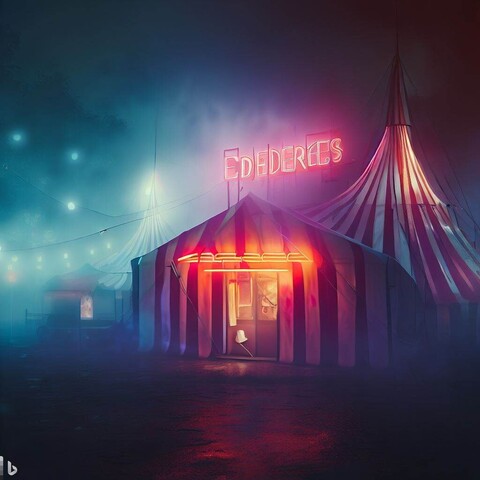 Imagen de un parque de atracciones de noche, con niebla y algo tétrico.