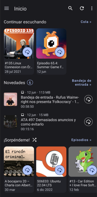 Pantalla de inicio de la aplicación Antennapod para android