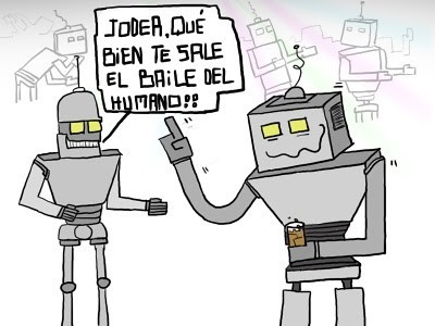 Meme de dos robots, uno está bailando, y un segundo robot está con un vaso de aceite de alta graduación con cara de llevar ya una cogorza de fin de semana, bailando, pero aún mucho mejor, y el robot que aún no ingirió aceite de alta graduación le dice al que se mueve muy bien... Joder, que bien te sale el baile del humano.