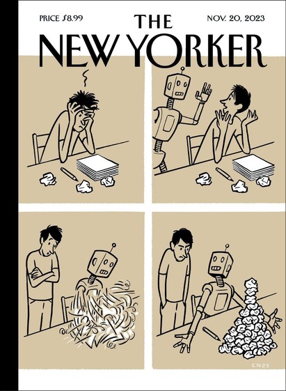 Portada de The New Yorker de noviembre 2023 criticando el hype con los robots y las IAs, mostrando a un robot tratando de ayudar a un escritor que se enfrenta a una crisis por la página en blanco y, lejos de darle ideas creativas, lo que se le ocurre al robot es hacer un montoncito con los papeles en plan pirámide.