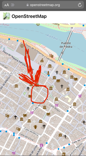 Mapa de Zaragoza ampliado y señalando el cruce de las calles Don Jaime y Mayor.
