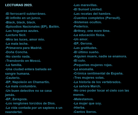LECTURAS 2023. Estos fueron mis 46 libros leídos en ese año:

-El ferrocarril subterráneo.
-El infinito en un junco.
-Black, black, black.
-Episodios Nacionales (EP), Bailén.
-Las hogueras azules.
-Lectura fácil.
-Mira las luces, amor mío.
-La mala leche.
-Primavera para Madrid.
-Doña Concha.
-No siento nada.
-Transbordo en Moscú.
-La familia.
-Una ciudad entera bañada en sangre humana.
-Cauterio.
-EP, Napoleón en Chamartín.
-La mala costumbre.
-Un buen detective no se casa jamás.
-EP, Zaragoza.
-Los renglones torcidos de Dios.
-La vida contada por un sapiens a un neandertal.
-Las maravillas.
-El Sunset Limited.
-Las recetas del hambre.
-Cuentos completos (Perrault).
-Sistemas ocultos.
-Federico.
-Britney, one more time.
-La educación física.
-Un amor.
-EP, Gerona.
-Las gratitudes.
-El último sueño.
-Alguien muere, nadie se enamora.
-El culo.
-Pequeñas mujeres rojas.
-La anomalía.
-Crónica sentimental de España.
-Tres mujeres solas.
-La historia de los vertebrados.
-La señora March.
-No creo poder tocar el cielo con las manos.
-Malestamos.
-La mujer que soy.
-Hierba.
-Cantos íberos. 