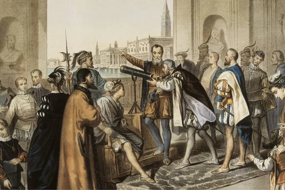 Gaileo Galilei (1564-1642), astrónomo y físico italiano, mostrando su invención, el telescopio.
Litografía de L. Turgis.

Galileo Galilei (1564-1642), Italian astronomer and physicist, demonstrating his invention the telescope.
Lithograph by L. Turgis.

Louis Auguste Turgis
(Francia, Gouville, 02/05/1818 - defunción: París, 31/03/1894) 
(French, Gouville 1818–1894 Paris)