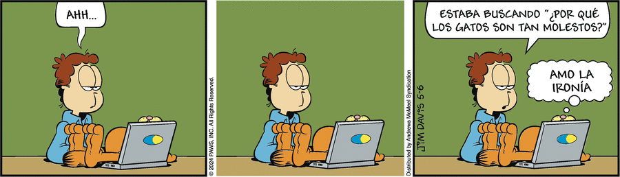 Jon está frente a su ordenado con cara de circunstancia. Garfield está tumbado sobre le teclado. Jon dice: ESTABA BUSCANDO "¿POR QUE LOS GATOS SON TAN MOLESTOS?"
Garfield piensa: AMO LA IRONIA