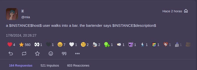 Publicación original:

a $INSTANCE$host$ user walks into a bar. the bartender says $INSTANCE$description$