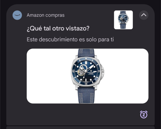Notificación de la aplicación de Amazon para android recomendando un reloj analógico y automático.