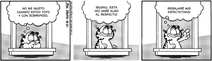 Tira cómica. Garfield está triste mirando por la ventana y pensando: NO ME GUSTO CUANDO ESTOY FOFO Y CON SOBREPESO
Sonrie y añade: ¡BUENO, ESTA VEZ HARÉ ALGO AL RESPECTO!! REBAJARÉ MIS ESPECTATIVAS! 