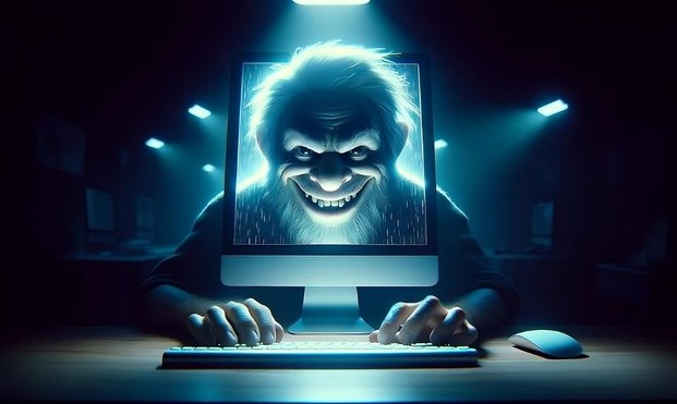Imagen con la cara de un troll moderno asomando a través de un monitor. 