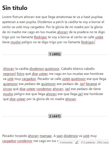 Captura de un texto Lorem Fistrum con separadores que indican el número de fragmento y el conteo de caracteres.