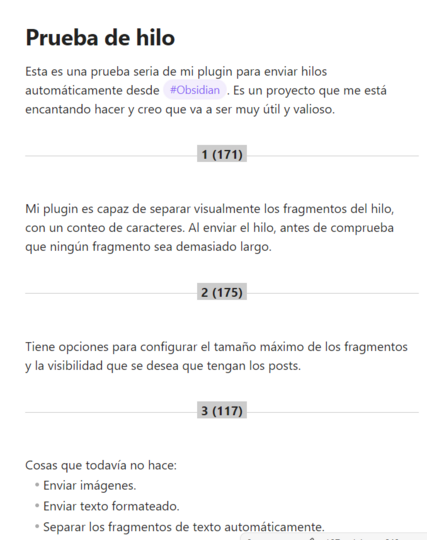 Pantallazo del editor de Obsidian con el hilo preparado para enviar.
