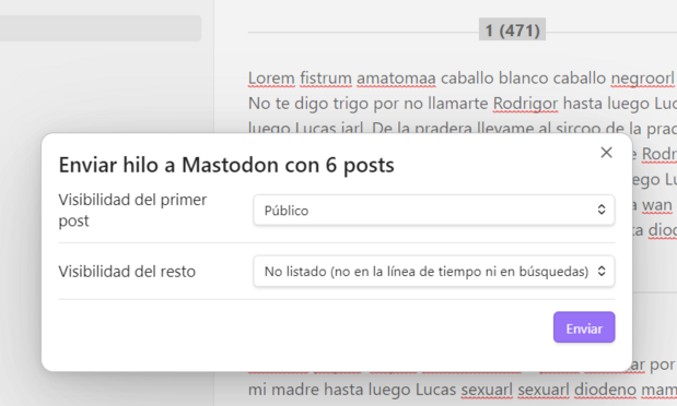 Captura de pantalla con el diálogo de enviar hilos. Permite elegir la visibilidad del primer post y del resto del hilo.
