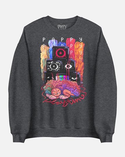 Sudadera de color gris con Yarnaby en medio tumbado. Atrás tiene unas televisiones con ojos en pantalla y en texto pone Poppy Playtime jugando con que son cables.