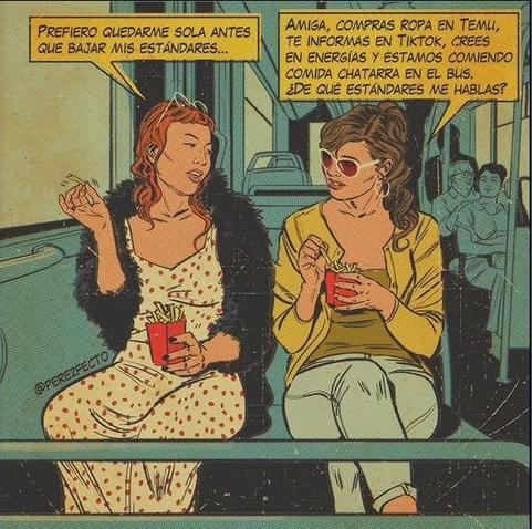 Viñeta de @perez2fecto. Salen dos chicas en el transporte público sentadas juntas. Van comiendo patatas en un envase de los que dan el tiendas de comida rápida. Visten entre normal y chic, llaman ligeramente la atención. Una dice que prefiere quedarse sola antes que rebajar sus estándares y la otra, como si nada, le replica: Amiga, compras ropa en Temu, te informas en TikTok, crees en energías y estamos comiendo comida chatarra en el bus. ¿De qué estándares me hablas? ¡Tocada y hundida!
