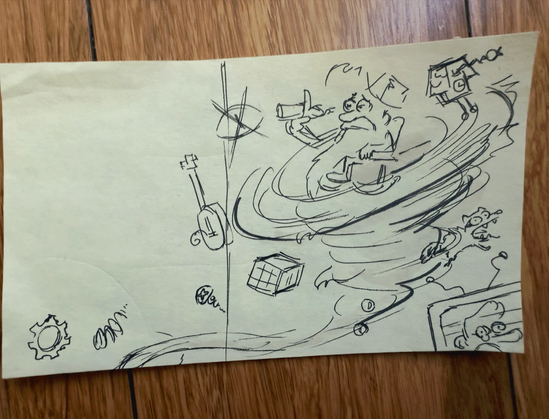 Boceto de un torbellino con Fiddleford de mayor en medio en su silla mecedora, alrededor giran cosas que son asociadas a él como un mapache, el símbolo del ojo ciego, un ukelele, un bloque de rubik, un reloj de cuco o un marcvo de fotos.
