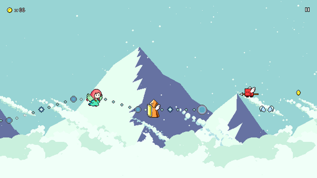 El estilo de dibujo es muy simple, pixel art y sin mucho detalle. Se ve un fondo nevado con unas montañas. En pantalla está la protagonista siguiendo un rastro de circulitos que marcan el compás mientras ataca a unos enemigos.