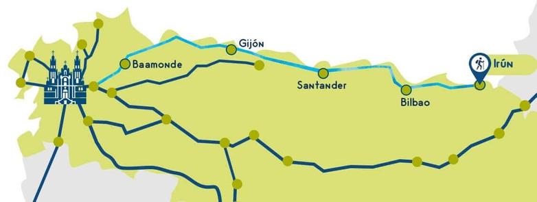 mapa desde Irun a Santiago. Ruta conocida como el camino del norte