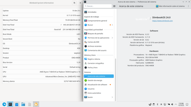 Información del sistema de la aplicación del sistema Plasma y la propia de Slimbook con algunas cosas en común y un par (KDE apps VS Secure boot) diferentes
