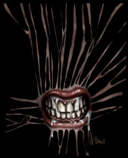 Ilustración surrealista. Se ve una boca con los dientes muy apretados unida a lo que podrían ser como "hilos de carne" ? .Dark art /macabre