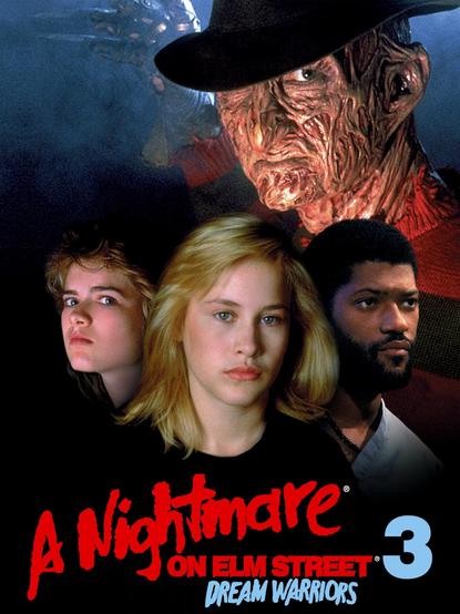 Cartel de la película, con tres de los jóvenes y arriba más grande la cabeza con su sombrero de Freddy Krueger, mirando serio a cámara.