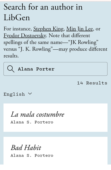Pantallazo de una búsqueda en LibGen que confirma que mi novela «La mala costumbre» y su traducción al inglés han sido usadas para entrenar a la IA de Meta.
