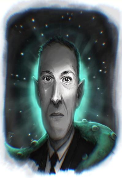 Dibujo de Lovecraft con un tentáculo al hombro. Él está en blanco y negro y una luz verde azulada sale desde detrás de él