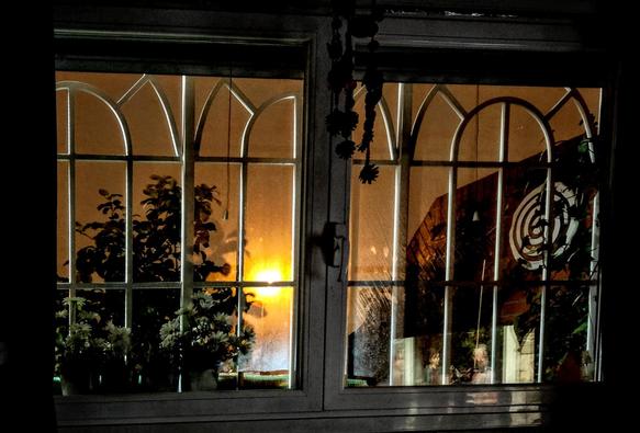 Una ventana con una reja blanca se refleja en una noche oscura.  A través del cristal, se ve la luz de una farola anaranjada y borrosa en el patio.  En el interior de la ventana, hay varias macetas con plantas verdes y flores blancas.  En el exterior, se ve parte de un edificio con un diseño circular en una pared de ladrillos. Un adorno colgante de flores secas está colgado en el marco de la ventana.