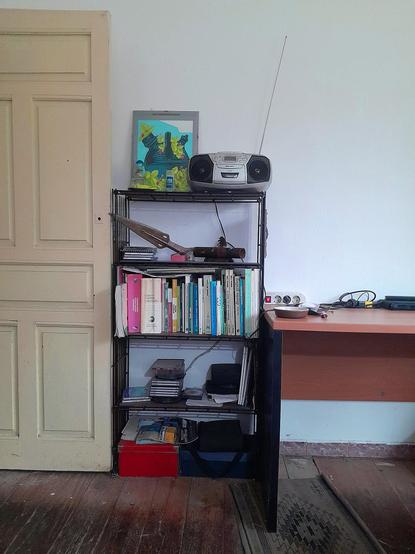 Una estantería baja, con libros técnicos en medio de infinidad de cosas interesantes. Está apretada entre la alta puerta de madera y una mesa de trabajo.