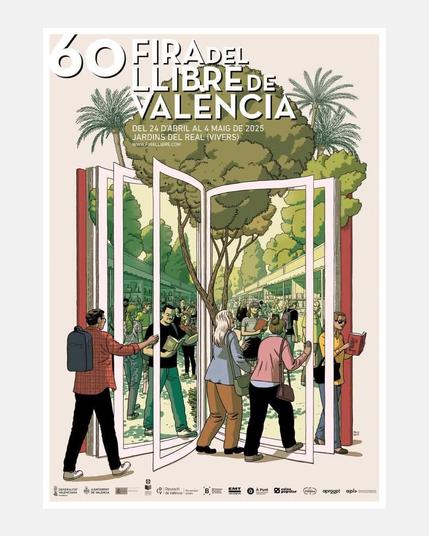 Poster de la feria del libro de Valencia. Personas entrando a través de una puerta que tiene forma de libro.