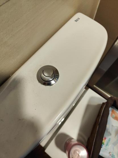 La imagen muestra la parte superior de un inodoro blanco de la marca Roca, con un mecanismo de descarga doble de pulsador metálico cromado. La superficie del inodoro tiene algunas manchas de suciedad visibles. Se ve una parte del suelo del baño, y parte de una toalla marrón y una caja de pañales.