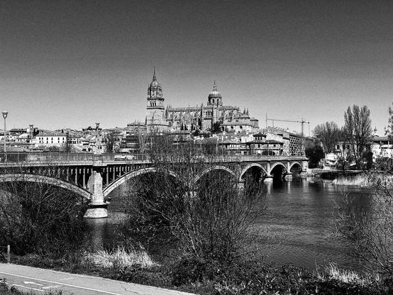 Una vista en blanco y negro de un puente de arco de piedra que cruza un río sereno, con la imponente Catedral de Salamanca en el fondo. La catedral, con sus dos torres y una cúpula central, domina el paisaje urbano. Alrededor del río hay arbustos y árboles desnudos, típicos del invierno o principios de primavera. El cielo está despejado y sin nubes, lo que crea un contraste nítido con la arquitectura de la ciudad. Una grúa de construcción se ve en el horizonte, sugiriendo actividad en la ciudad. La escena evoca tranquilidad y la belleza de la arquitectura histórica.