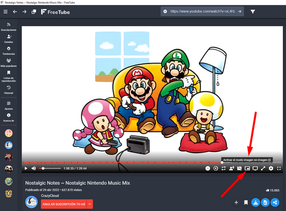 Pantallazo FreeTube apuntando al botón de abrir ventana en modo imagen emergente