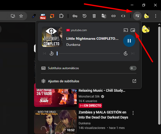 Pantallazo de Chrome apuntando al botón de abrir ventana en modo imagen emergente