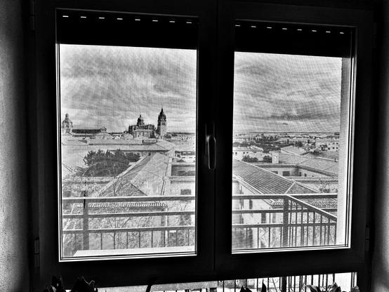 Una ventana de doble hoja, en blanco y negro, muestra una vista panorámica de una ciudad. Al fondo, se ven varios edificios de estilo europeo, incluyendo lo que parecen ser iglesias o catedrales con cúpulas. En primer plano, se ve una barandilla de balcón metálica y los tejados de los edificios más cercanos. El cielo está nublado. La imagen tiene un estilo fotográfico ligeramente granulado.