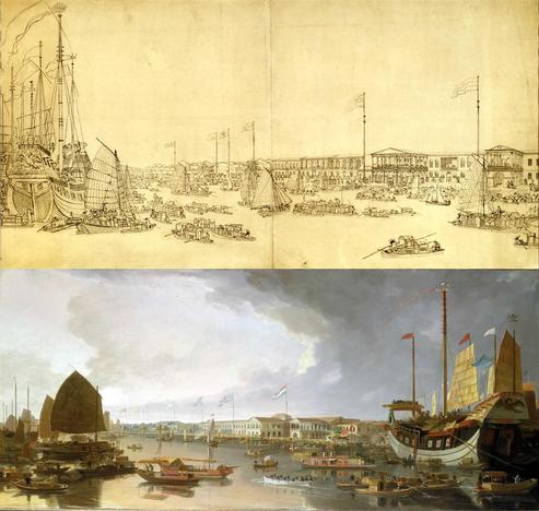Montaje con dos imágenes del pintor William Daniell en la orilla del Río de la Perla dominado por las 13 Casas Comerciales de China. La superior es el boceto. La inferior es la obra terminada. 

El boceto muestra barcos veleros occidentales de gran travesía en un primer plano a la izquierda. Multitud de pequeños juncos pueblan el Rio de la Perla desde los grandes barcos hasta los muelles de las Trece Casas Comerciales. 

En la obra terminada, los grandes barcos occidentales están a la derecha.