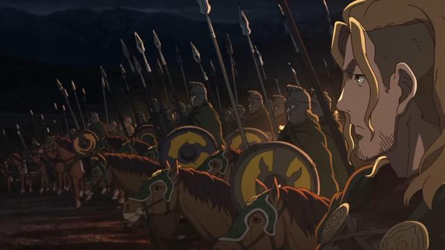 Los Rohirrim en formación con sus escuelas lanzas sobre los caballos en la noche, prestos para la batalla.