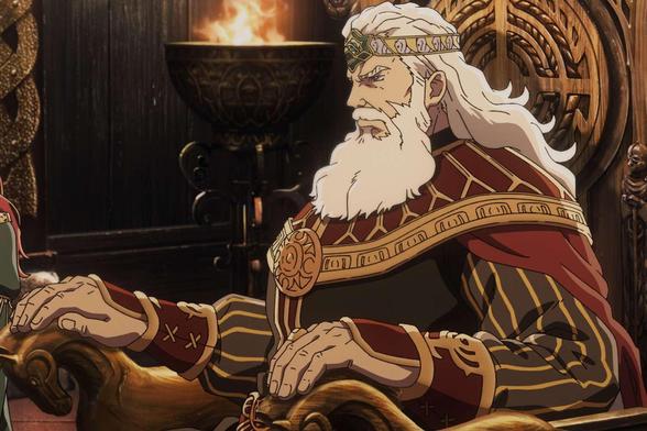 El rey Helm en su trono de madera labrada, al fondo arde el fuego en un gran cuenco de hierro. Lleva largos cabellos y barba blancos y una diadema real a modo de corona, y ricos ropajes.
