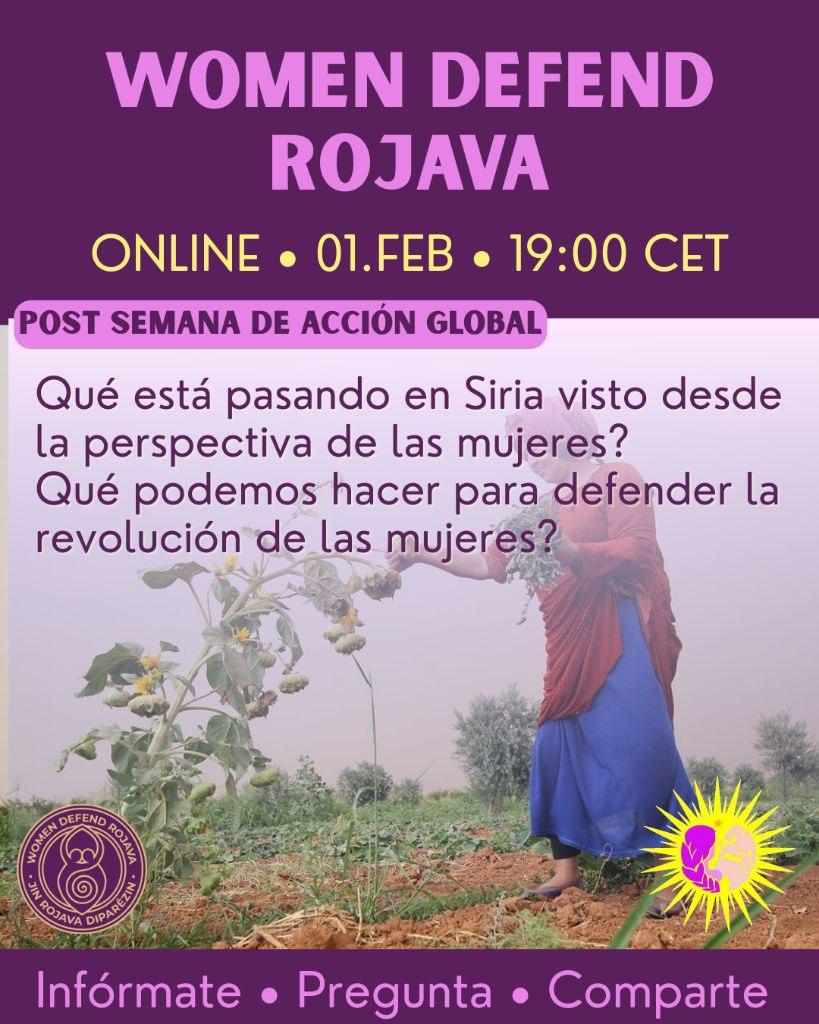 Foro de una mujer con ropaje de colores recogiendo unas flores de girasol
Poster en morado con la información de la charla en linea y los logos de WomenDefendRojava y JinenCiwan
